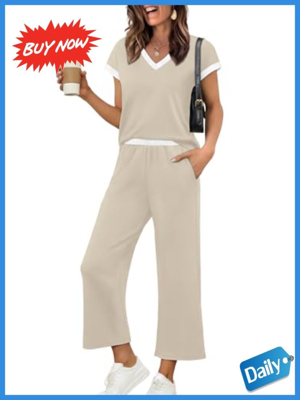 Two Piece Lounge Set Cap Sleeve Top Wide Leg Pants Matching Travel Outfit